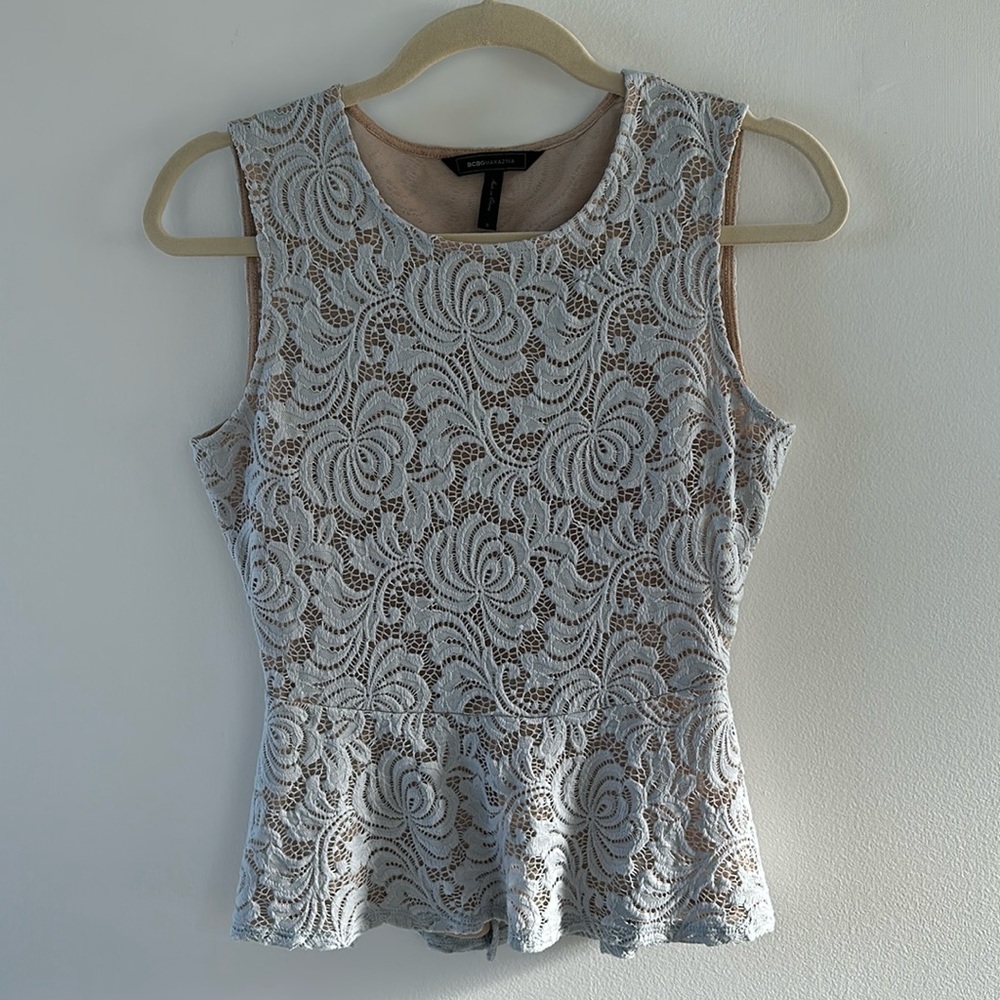 BCBG MaxAzria Lace Peplum Light Blue Top Size Small